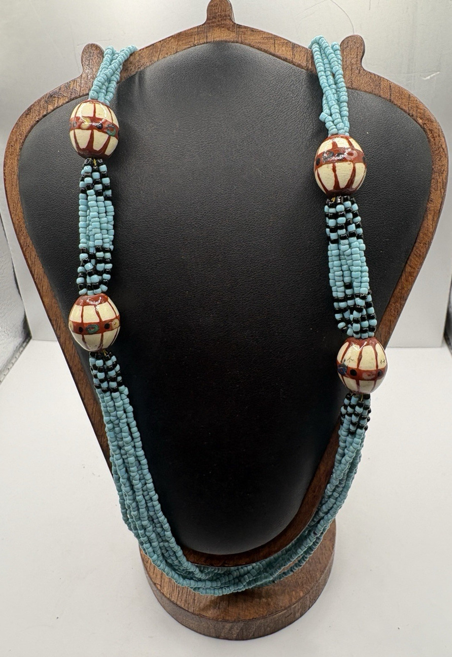 Turquoise Onyx Blue Black Seed Wood Bead Necklace 5 - 10 strand 26" Vintage Boho